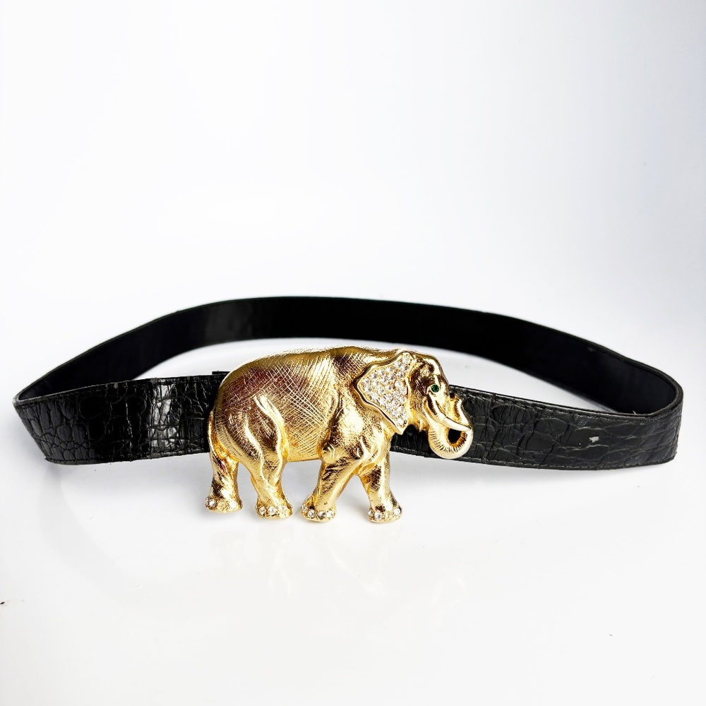Elephant Belt Buckle with Rhinestones Vintage Retro 1980s with Croc Stamp Strap - Picture 3 of 12